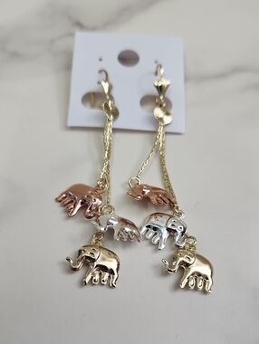 Tri-tone Trunk Up Elephant Gold Filled Huggies Dangle Earring